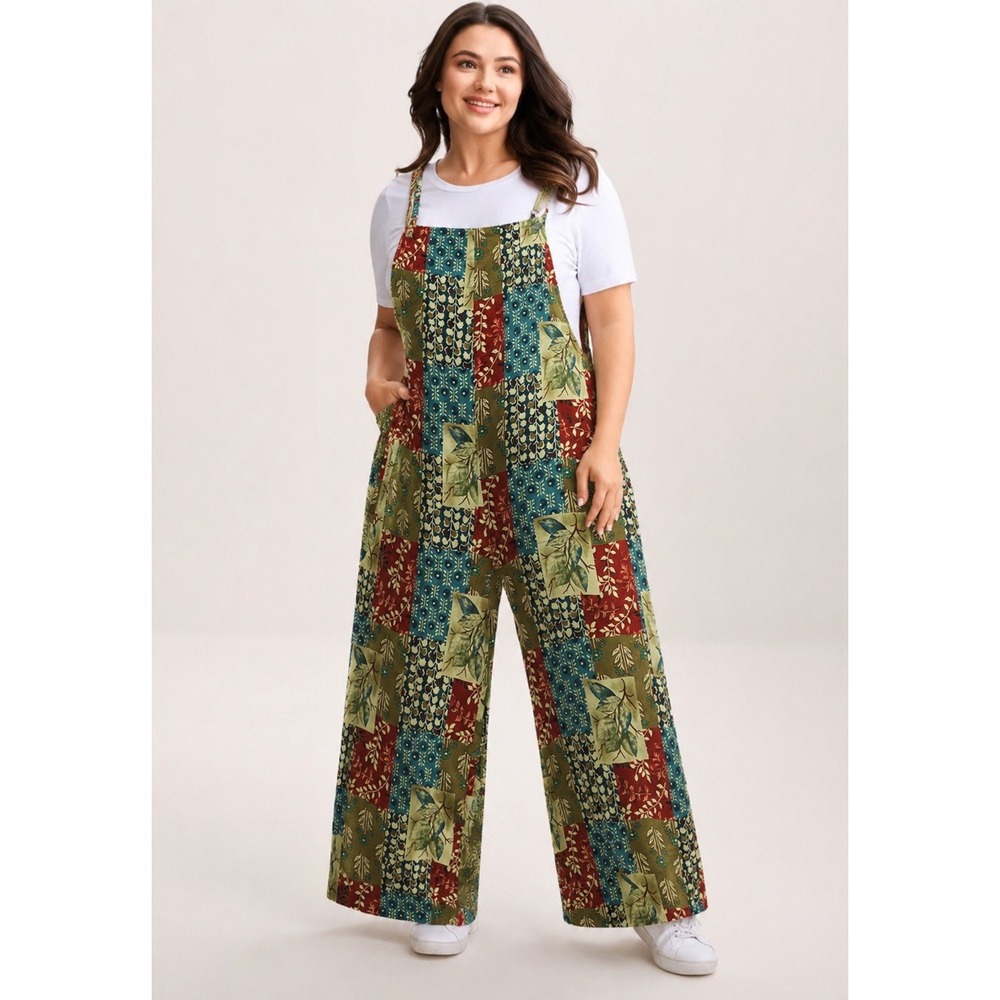 Vtg Patchwork Wide Leg Overalls Boho Festival Hippie 100% Cotton Jumpsuit Large